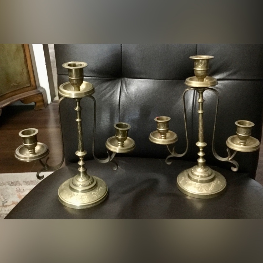 Antique Solid Brass 3-Arm Candelabra Pair from India